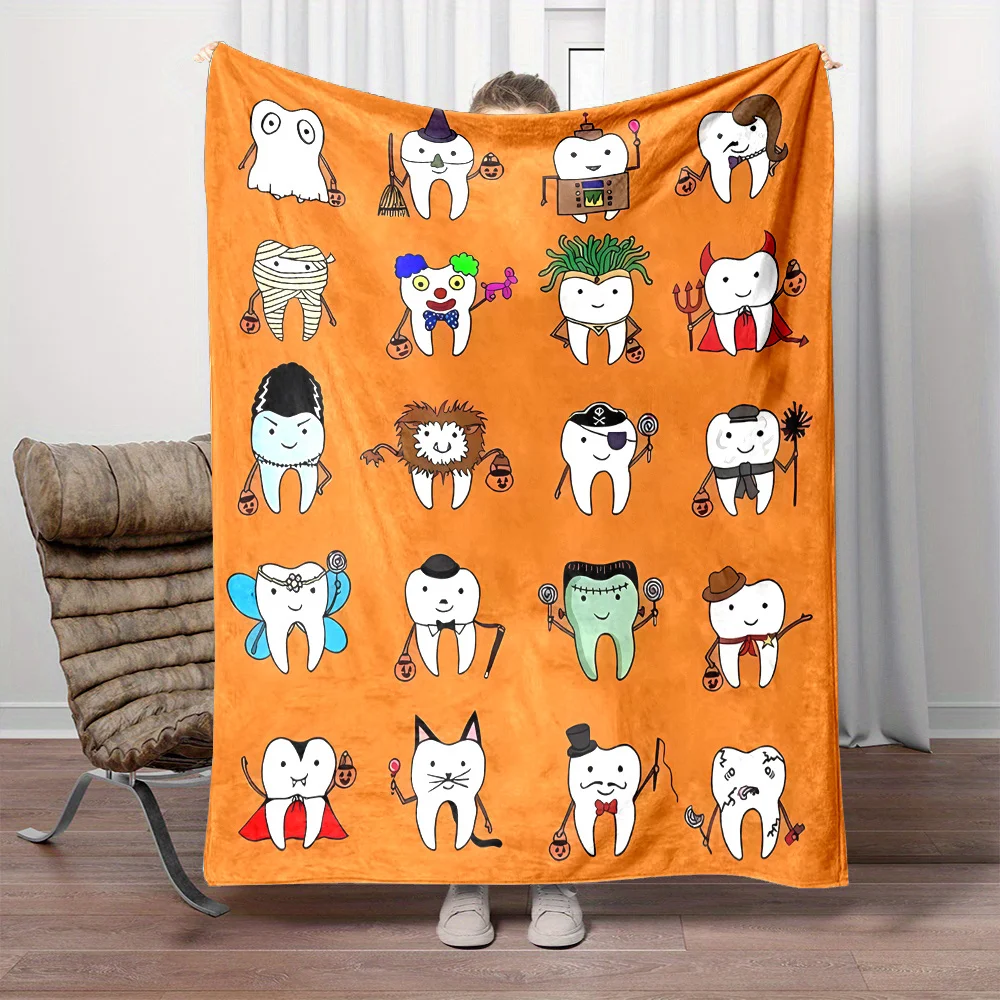 1pc, Cartoon Teeth Print, Reversible Flannel Fleece Blanket, Contemporary Style, All-Season, No Shedding, Durable, Sof