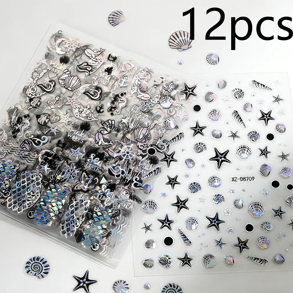 12Pcs Holographic Summer Ocean Themed Nail Stickers Mermaid Starfish Seashell Nail Decals Laser Silver Black Beach Nail Supplies view 4