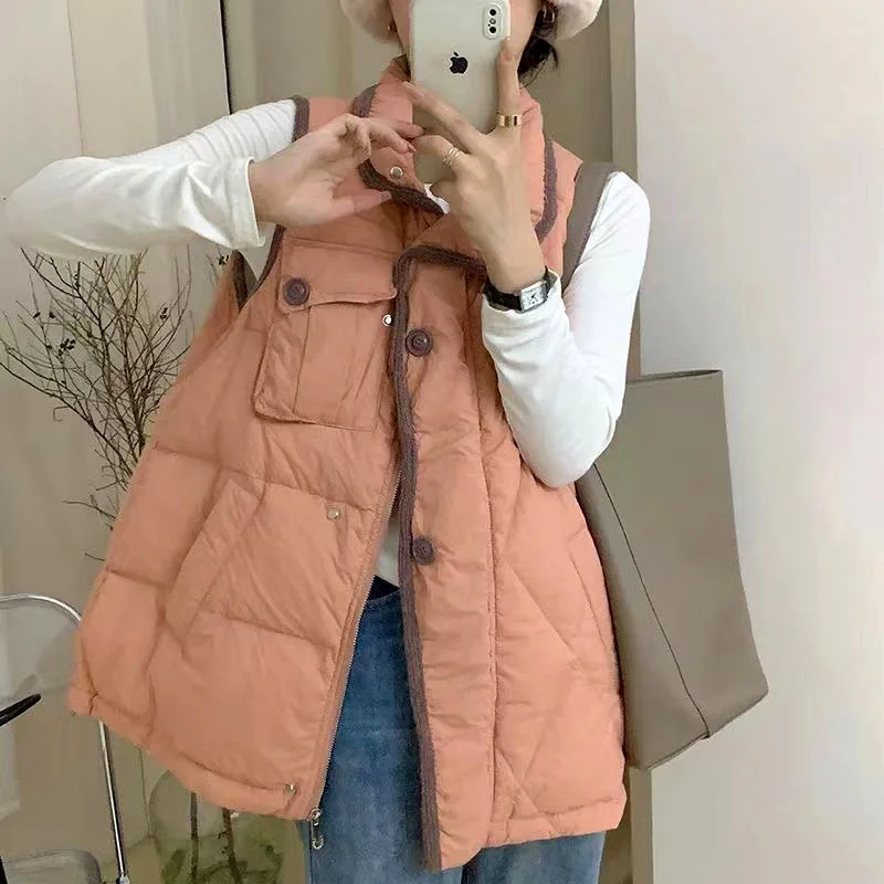 2023 Autumn Winter Sleeveless Down Waistcoat Coat Women Warm Thick White Duck Down Vest Female Quilted Parkas Short Tank Jacket