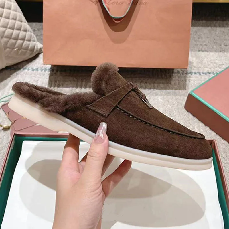 2025, italienische High-End-Loafer für Herbst und Winter, Samt-Taschenkopf, Schaffell, faule Schuhe, flacher Boden, halbhaariges Drag-Paar