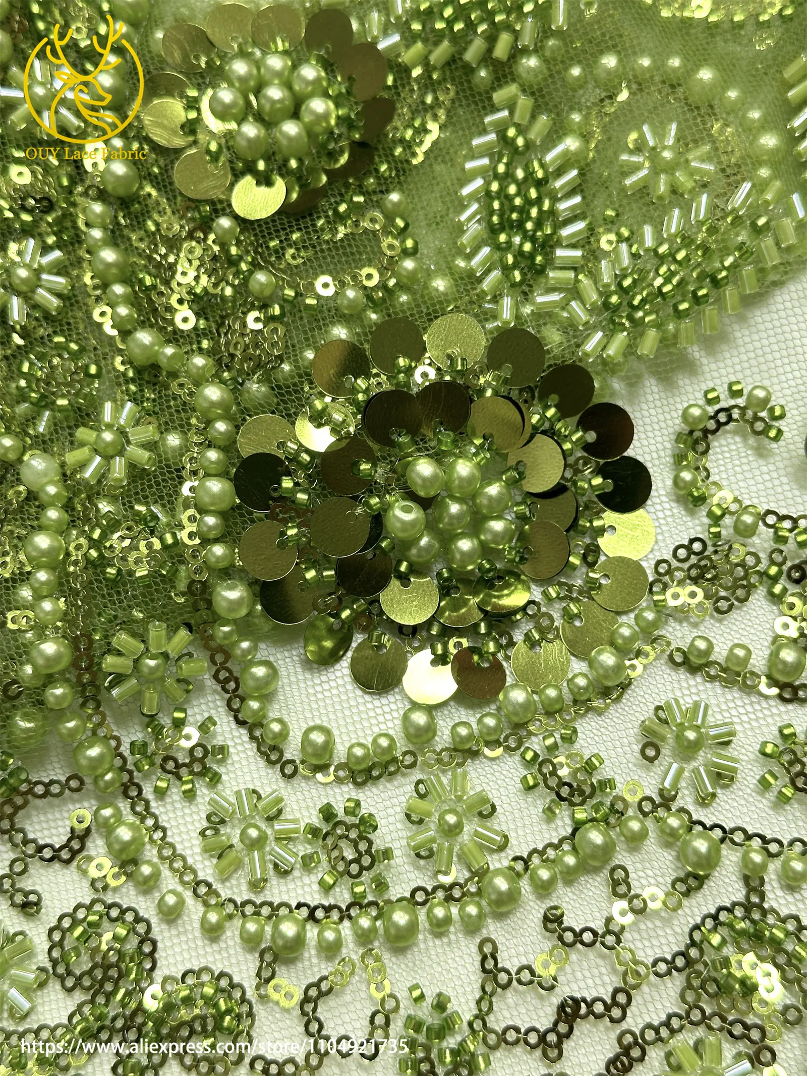 Grüner afrikanischer Pailletten-Perlen-Spitzenstoff 2026, nigerianischer französischer Mesh-Spitzenstoff, geeignet zum Nähen von Damen-Hochzeitskleidern – Detail 29