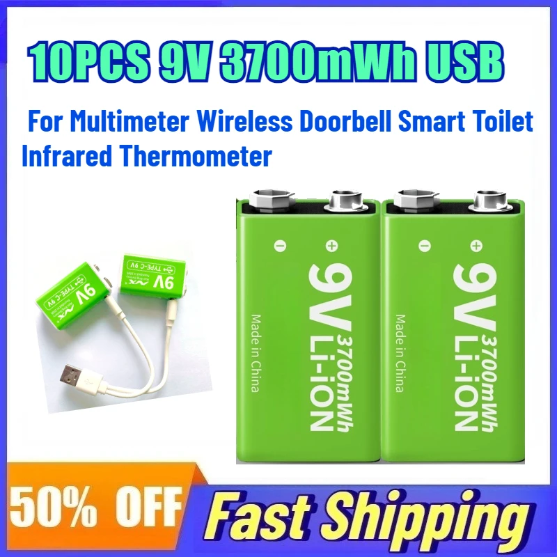 9V 3700mAh Lithium Battery for Multimeter Wireless Doorbell Smart Toilet Infrared Thermometer  Rechargeable Battery