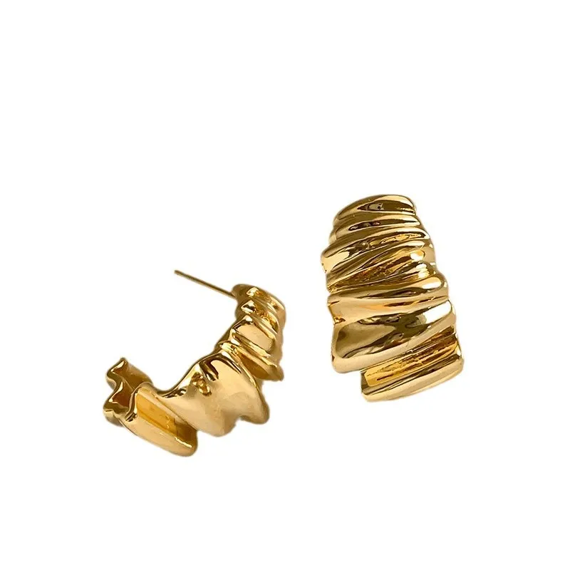 FTCY Irregular Wavy Pleated Stud Earrings For Women Retro Trendy Water Ripple Pattern Glossy Geometric Metal Earrings