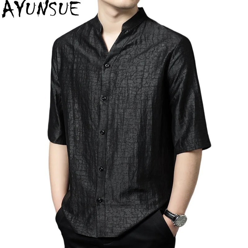

AYUNSUE Новая модная мужская рубашка из 100% натурального шелка тутового шелкопряда, летняя коллекция 2026, гладкая, с коротким рукавом, винтажный стиль, Chemise Homme