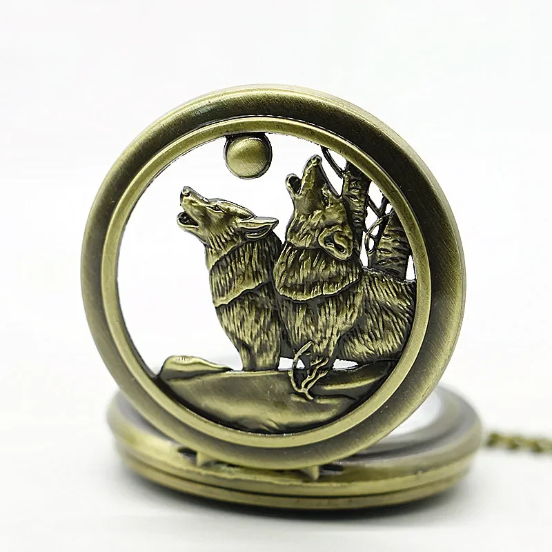 Top Brand Bronze Classic Vintage Cool Wolf Pattern Quartz Pocket Watch Retro with Fob Chain for Men Women Pendant TD2071