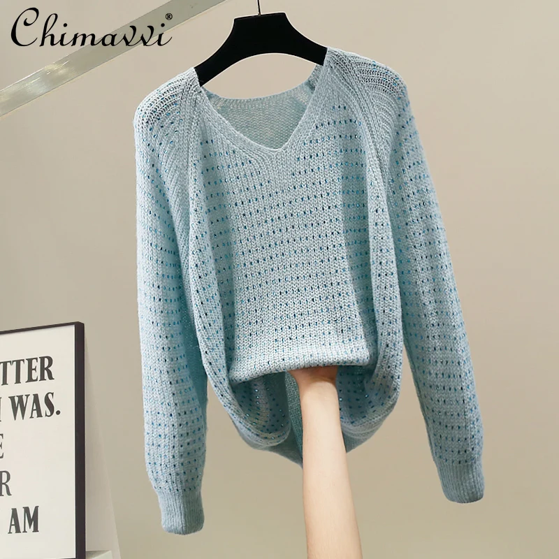 

Корейский модный полый вязаный свитер со стразами и v-образным вырезом, женский новый осенне-зимний синий свободный пуловер с длинными рукавами, топ