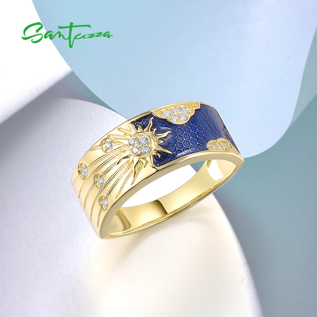SANTUZZA Pure 925 Sterling Silver Rings For Women Sparkling White CZ Creative Enamel Blue Sky&Sun Party Gifts Fine Jewelry