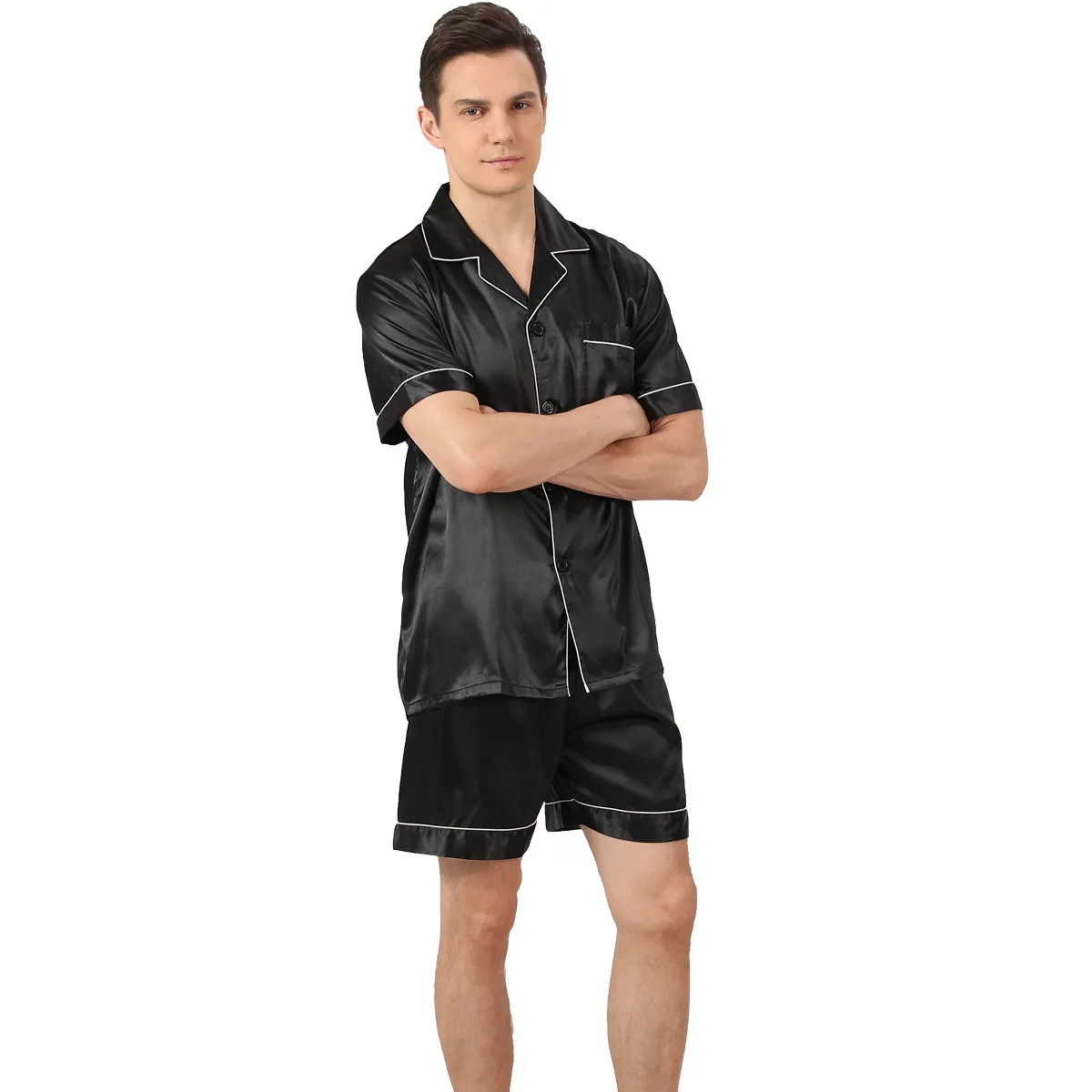 Plus Size 3Xl Mens Silky Satin Pajamas Set with Elastic Shorts Sleepwear Short Sleeves Button T-Shirt Tops Home Clothes 2Pcs