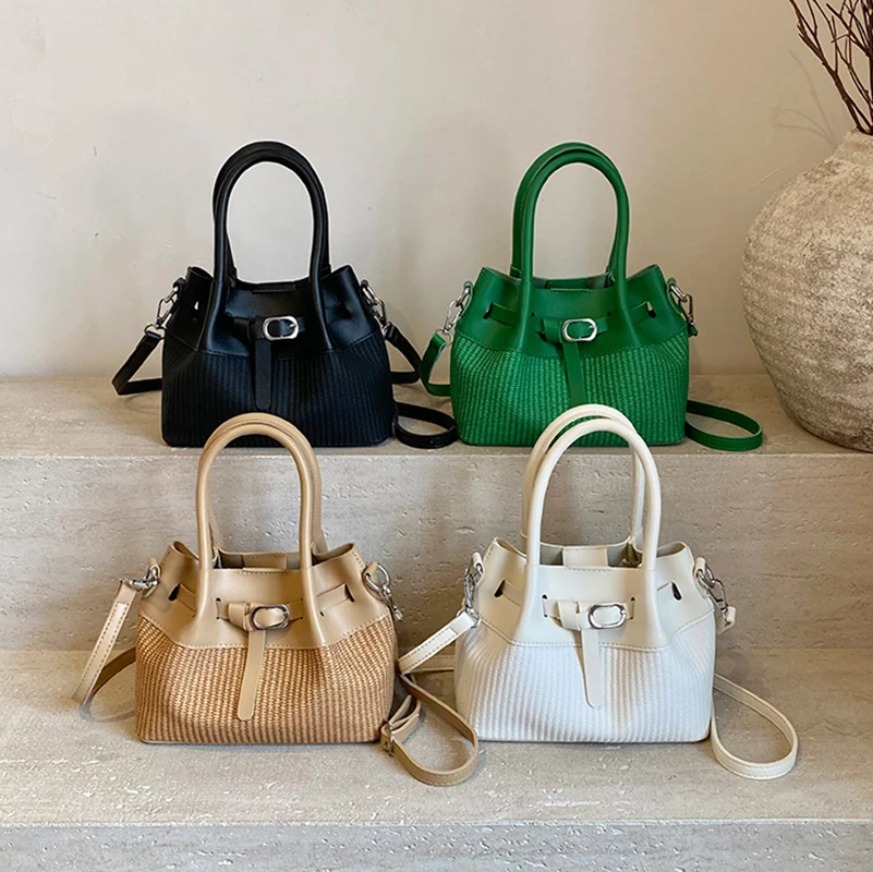 

Женская кожаная сумка-ведро с засовом в стиле пэчворк, сумки через плечо, корейская повседневная модная универсальная женская сумка