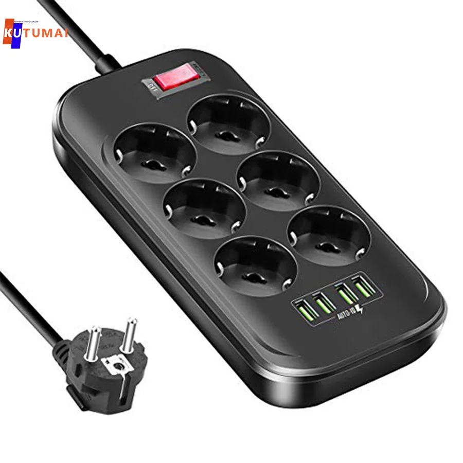 EU Plug Power Strip Surge Protector with 6AC Sockets 4USB Charge Port,Multiple Socket With 6.5FT Extension Cable For Home Office