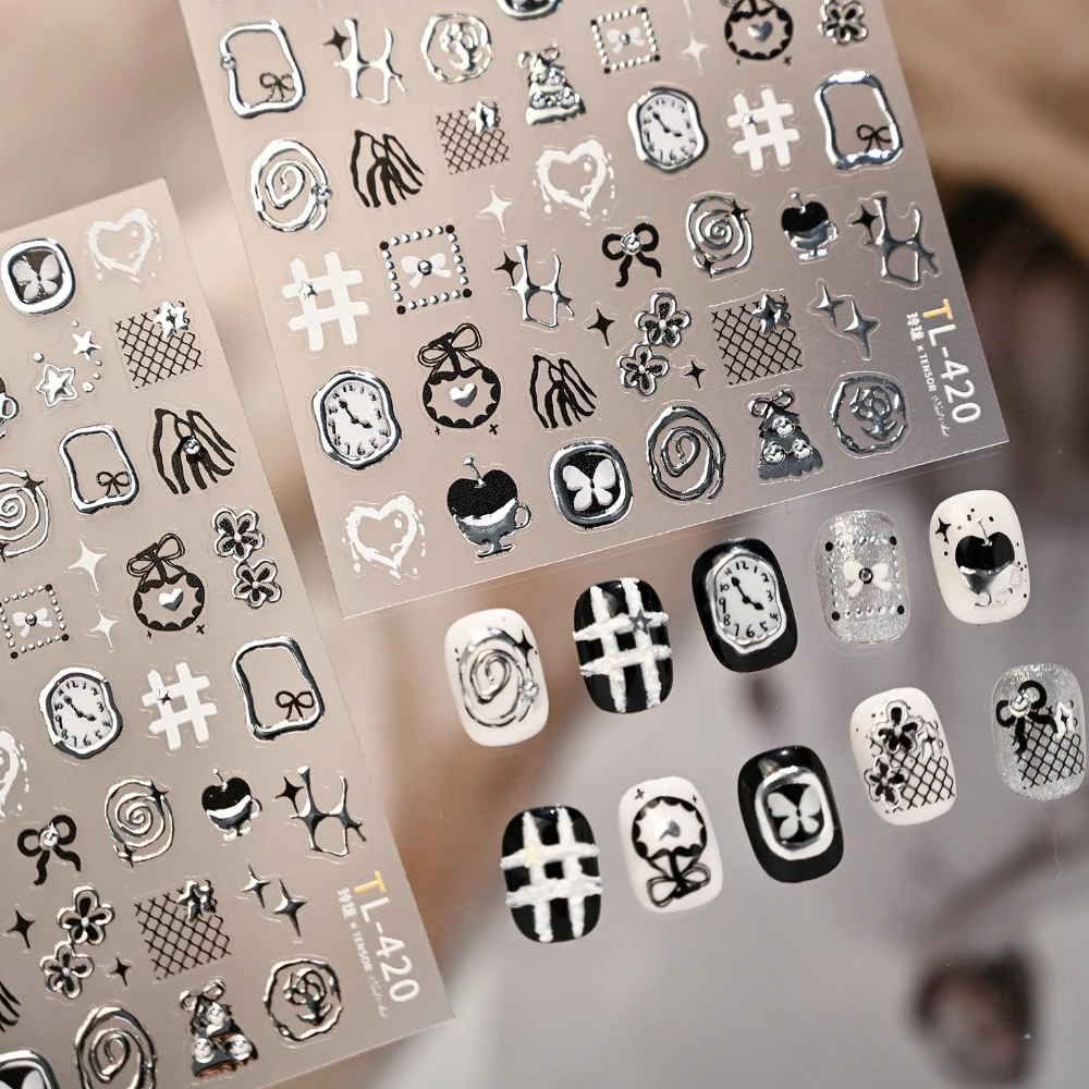 Silber gestempelt schwarz weiß Schleife Sterne Blumen Apfel gedrehte Uhr 3D selbstklebende Nail Art Aufkleber Mode Maniküre Aufkleber