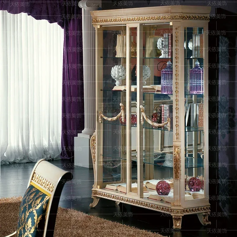 

European display glass two-door villa living room solid wood wine cabinet tracing gold Italian luxury palace wine cabinet