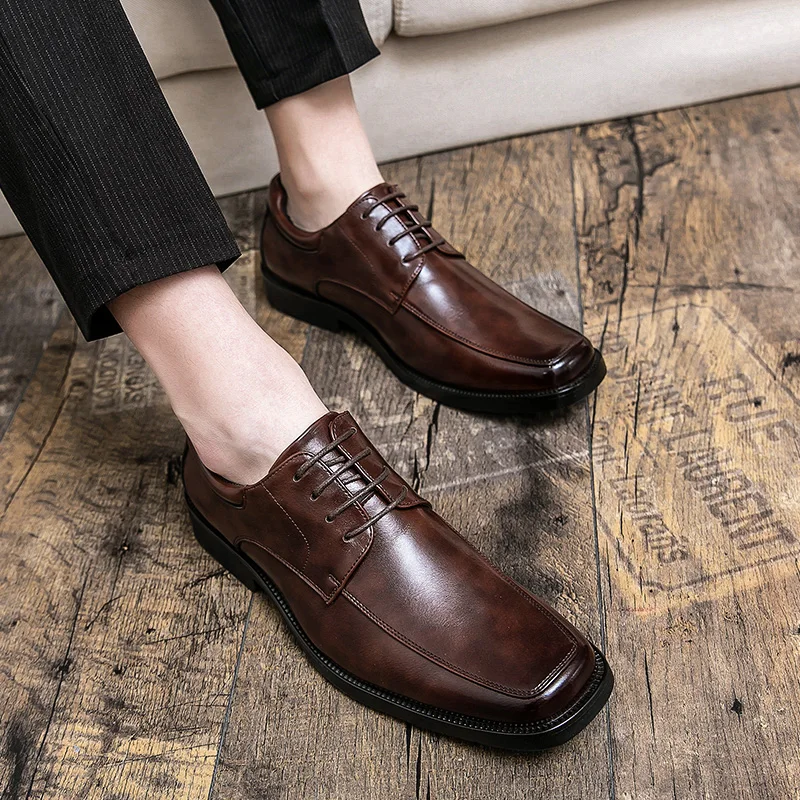 Chaussures Derby à tête carrée pour hommes, semelle optique populaire sur Internet, chaussures provoqué de bureau d'affaires à lacets, haute qualité, taille 38-48