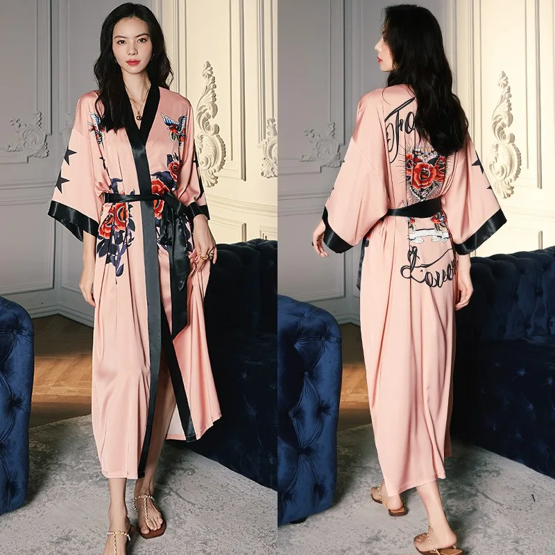 

2023 New Silk Like Sexy Bathrobe Homewear Luxury Night wear Peignoir FemmeLong Robe Floral Sleepwear High Quality Women Pajamas