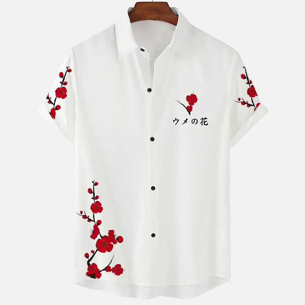 

Fashionable Luxury Social men's Shirt Lapel button-down Shirt Casual Japanese Aesthetic Cherry Blossom Print short-sleeved Tops