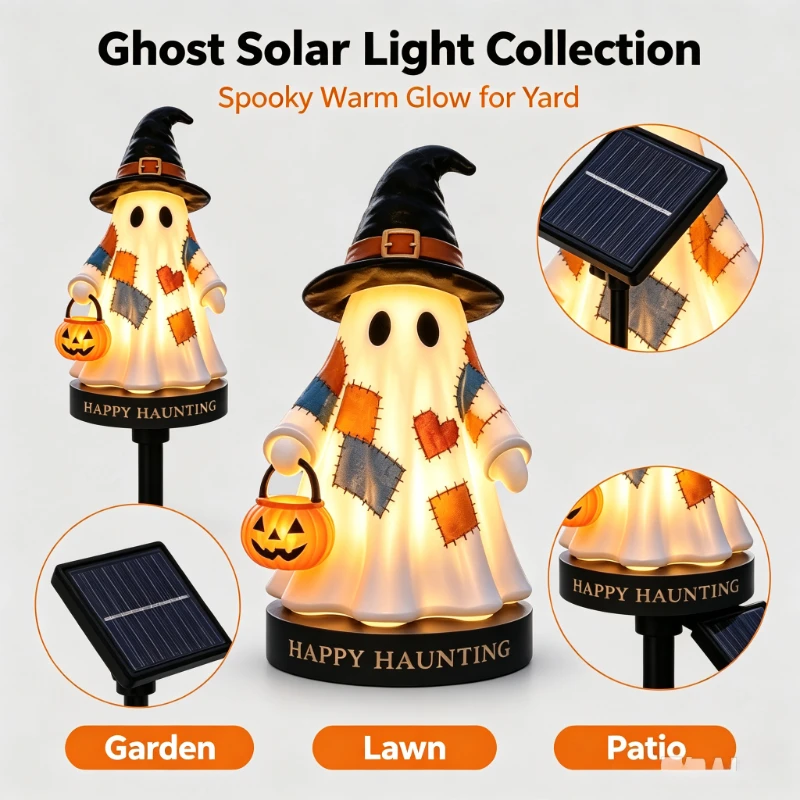Solar Powered Light‑Up Patchwork Ghost Stake Light, Halloween Outdoor Garden Pathway Decor With Witch Hat & Pumpkin Bucket