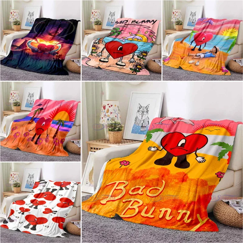 Cartoon Bad Bunny Blanket Flannel Blankets Pop Latin Music Warm Plush Fleece Throw Blankets for Aldult Sofa Bedding All Season