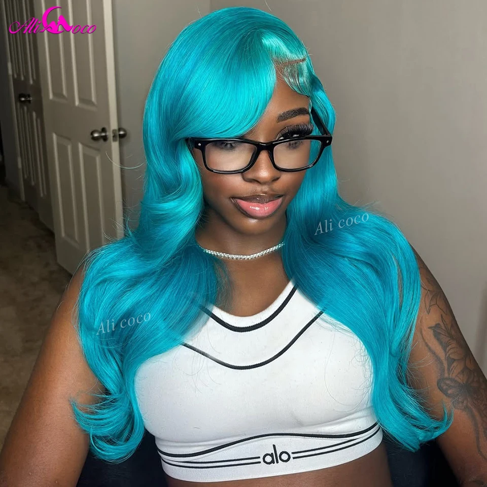 180 الكثافة الأزرق اللون الجسم موجة 13x6 الدانتيل شعر مستعار أمامي البرازيلي شعر الإنسان شعر مستعار شفاف قبل قطعها للنساء