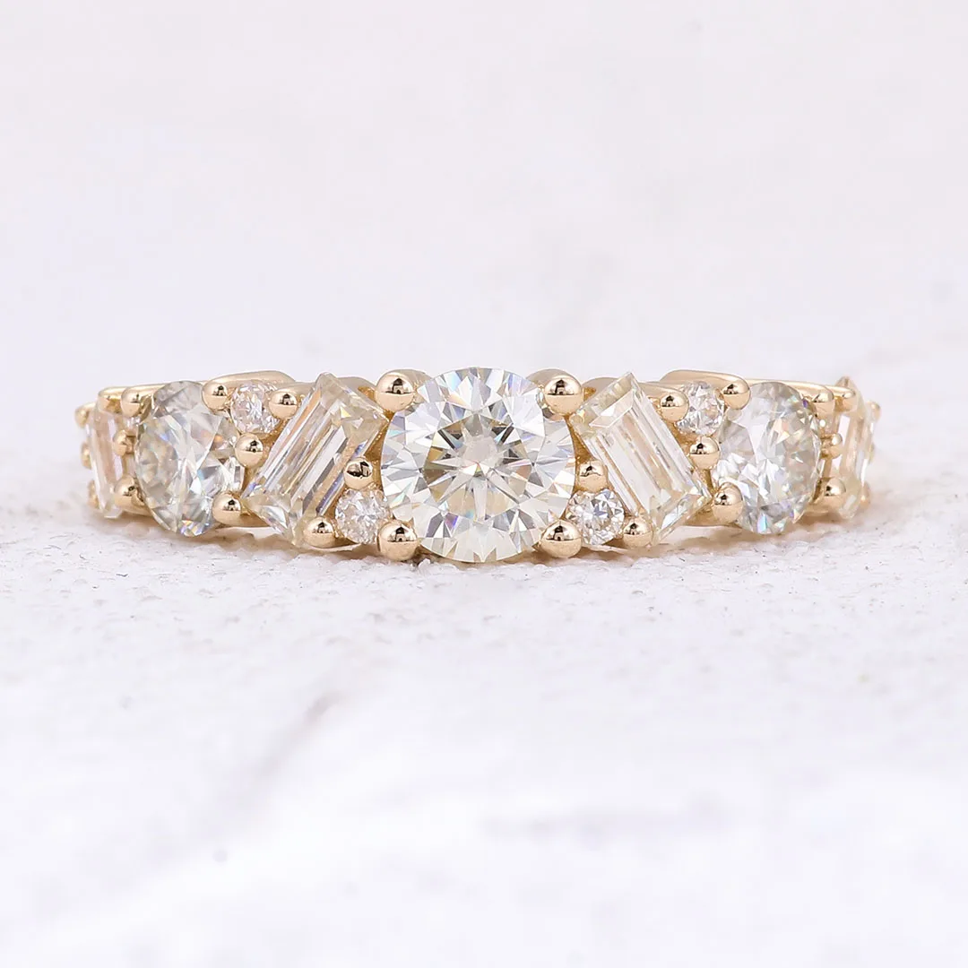 

Provence 10K Yellow Gold Stackable Ring With Round and Baguette Moissanite Diamonds For Women Party Band Jewelry Gift