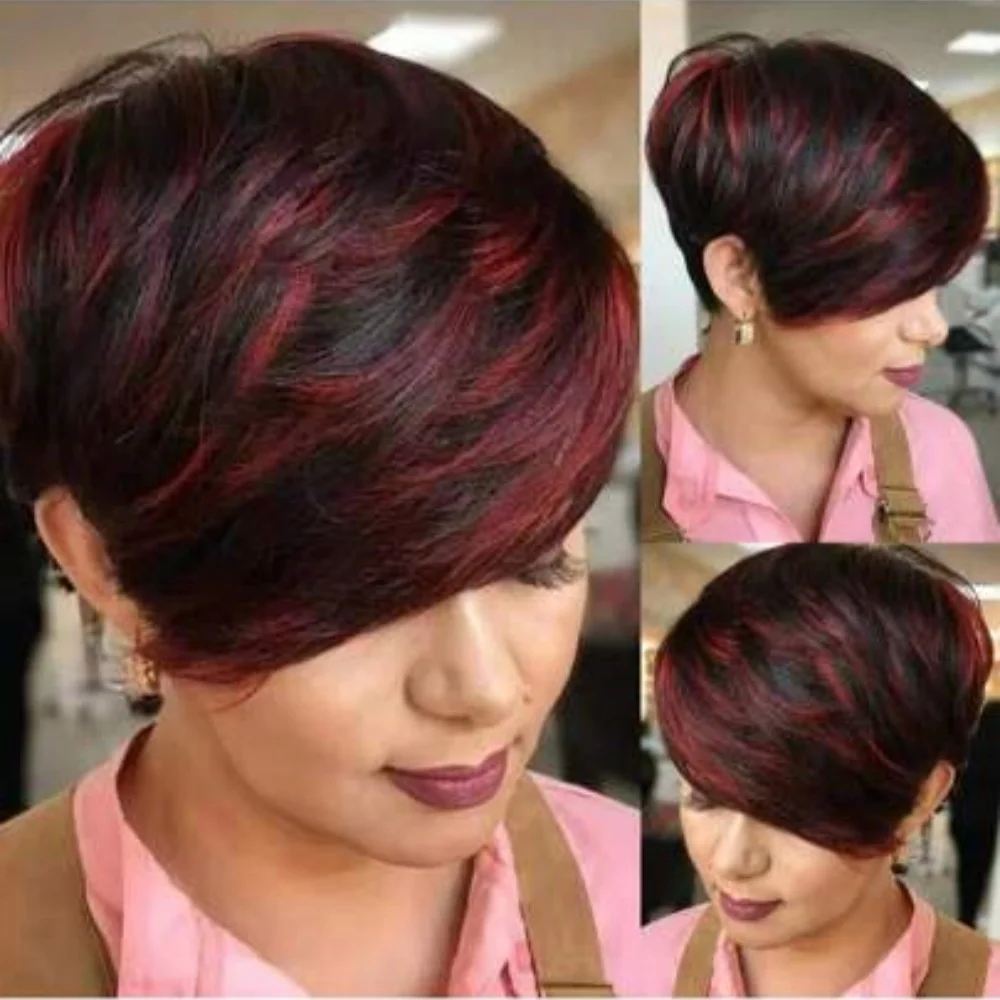 흑인 여성용 짧은 컬러 픽시컷 가발, 레미 인모 머신메이드 가발(앞머리 포함), 데일리용 레미 인모 가발