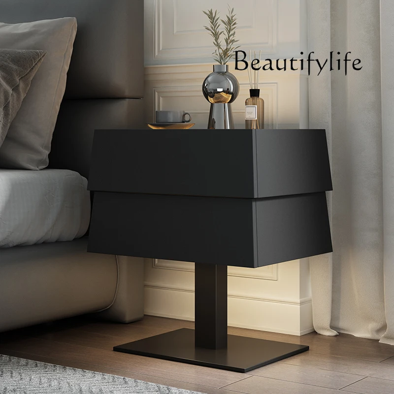 bedside table light luxury high sense solid wood high style Italian minimalist leather lamp master bedroom bedside table