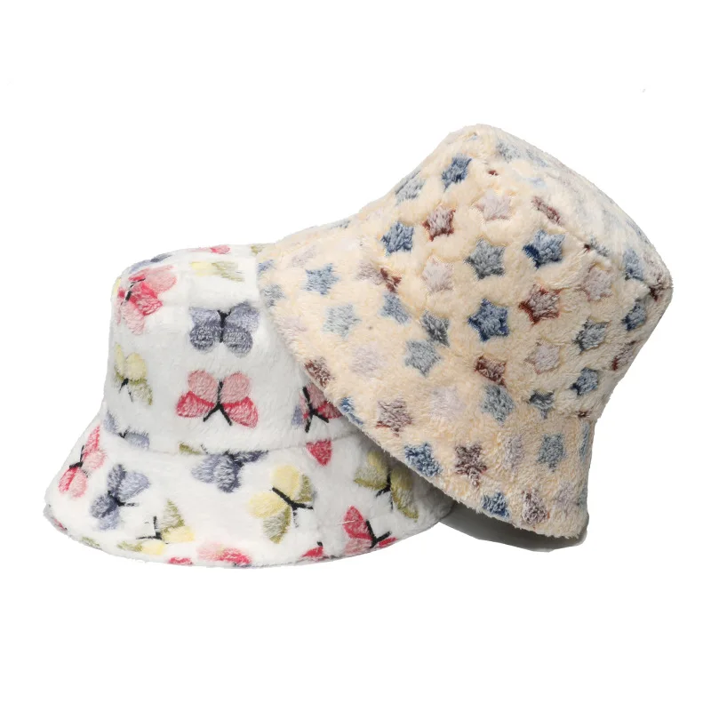 Women Caps Winter Velvet Warm Butterfly Print Bucket Hat Casual Cute White Pink Make Face Smaller and Keep Warm Fisherman Hats