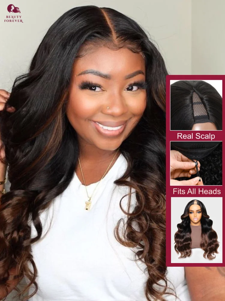 BeautyForever NEW Ombre Brown V Part Wig Human Hair Elastic DrawString Body Wave V Part Human Hair Wigs Remy Density 180%