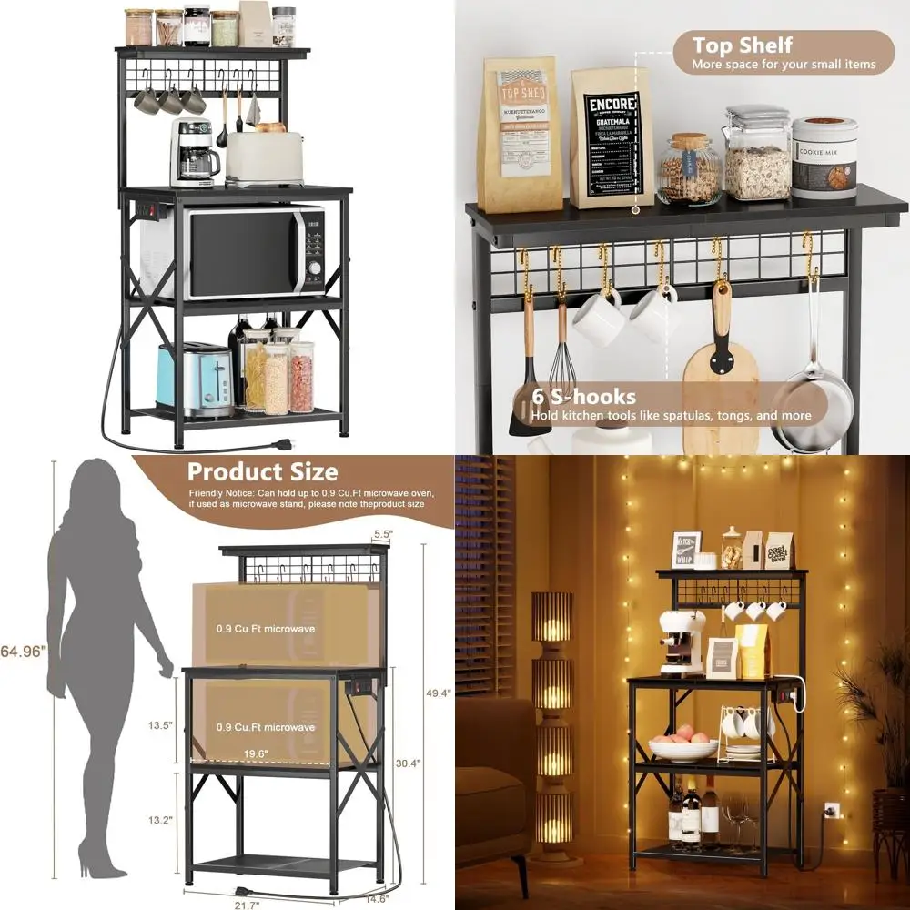 

Bakers Rack with Power Outlet, 4-Tier Storage Stand for Microwave, Coffee Bar Table, 6 Hooks for Kitchen, Spices, Pots Organizer