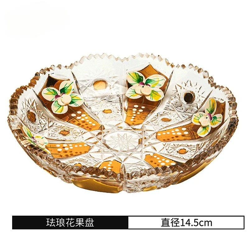 Crystal glass hand-painted gold enamel flower, fruit plate ornament