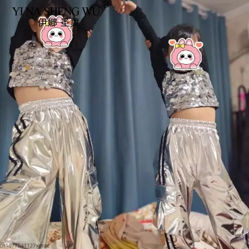Costume de danse Jazz pour filles, ensemble à paillettes argentées et noires, tenue de spectacle de danse de rue, vêtements de fête de compétition de Ballet Hip Hop pour enfants