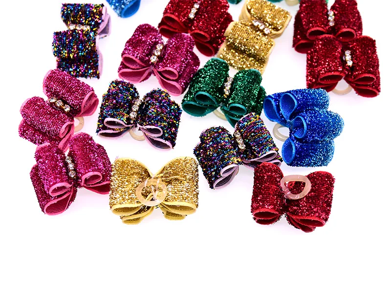 Wholesale100pcs Christmas Dog Hair Accessories  Dimond shining Pet Dog Hair Bows Rubber Bands Red Green Cat Dog Pet Supplies