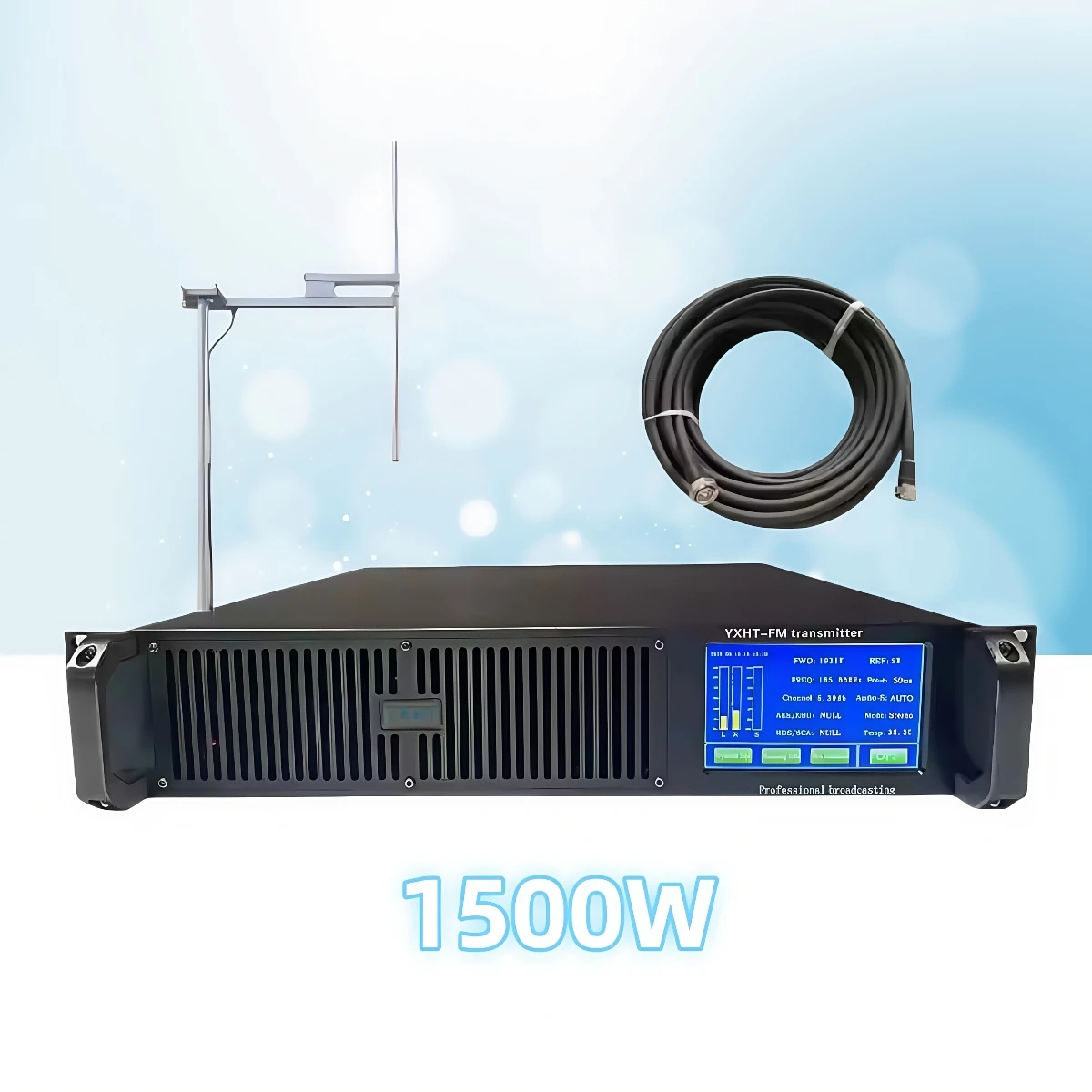

Touch Screen 1.5KW FM Transmitter + 1-Bay Antenna + 30 Meters Cables With Connector 3 Equipments