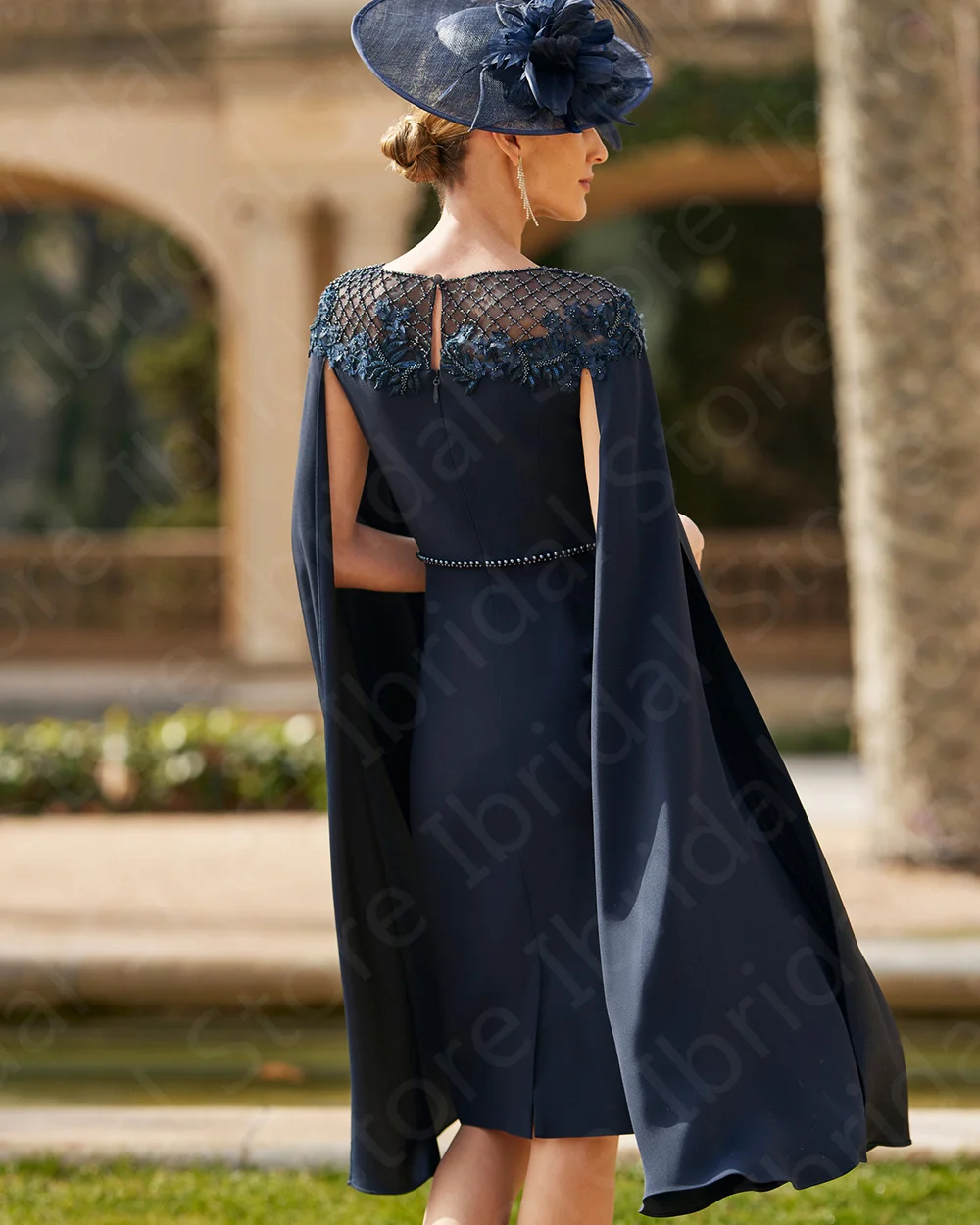 Marinha escura mãe da noiva vestidos, até o joelho mãe vestidos, ilusão decote, vestidos curtos de festa de casamento, atacado, 2024