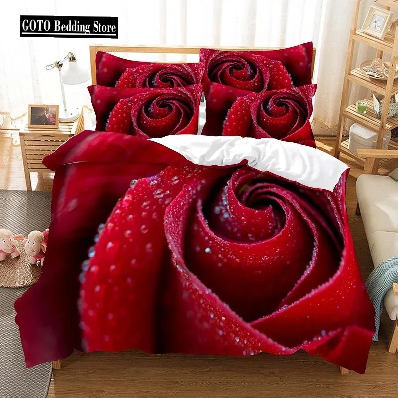 

Flower Red Rose Wedding Bedding Super Comfortable Double King Size Duvetcover Pillowcase Home Textile Cover Sets for Beds