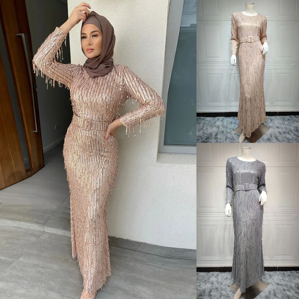 

Luxury Sequined Maxi Dress Muslim Abaya Women Full Sleeve O Neck Evening Night Long Party Dress Dubai Middle East Turkey Robe