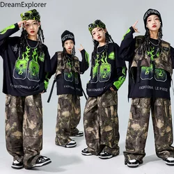 Girls K-pop Sweatshirt Camouflage Vest Military Cargo Pants Boys Hip Hop Costumes Child Streetwear Kids Jazz Dance Clothes Sets