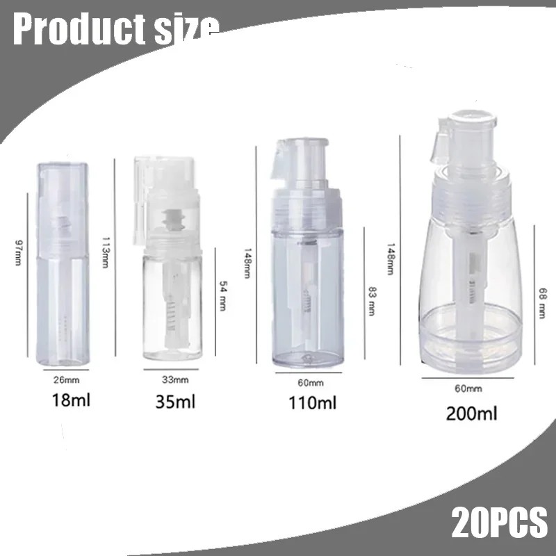 20PCS Pulver Spray Flaschen Leere 18ml/35ml/110ml/200ml Nachfüllbare Flasche Reise tragbare Shampoo Pulver Spender Trockene Abgabe