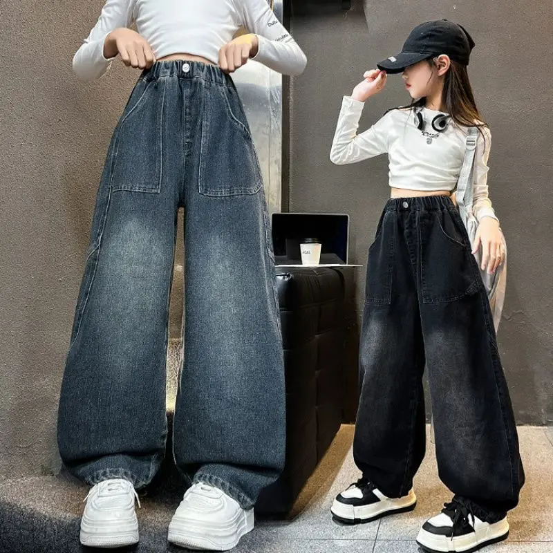 

Girls Wide Leg Jeans Spring Autumn Loose Fit Children's black / blue Floor Length Pants Versatile Loose Trousers for Big Kids