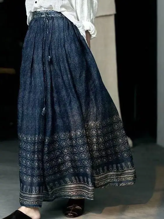 

Retro Patchwork Print Cotton Linen Long Skirt High Waist A-Line Silhouette Ethnic Sle Women's Faion Commute Design