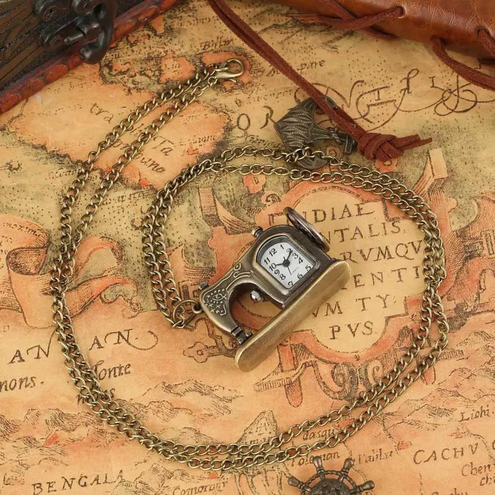 Antique Bronze Sewing Machine Pocket Watch Quartz Movement Necklace Pedant Xmas Gift P515