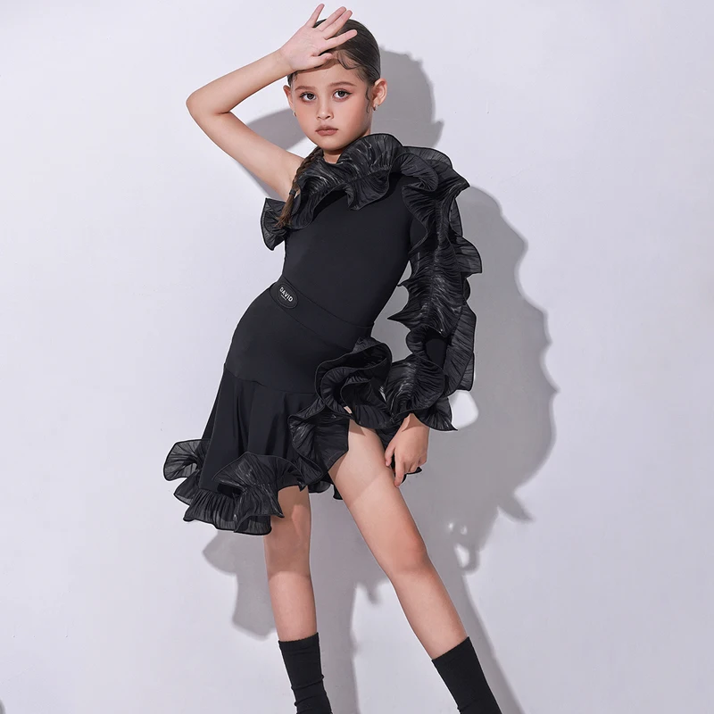 2026 Children Latin Dance Costumes For Girls Single Sleeved Irregular Fluffy Skirts Suit Tango Latin Dance Competition Clothing