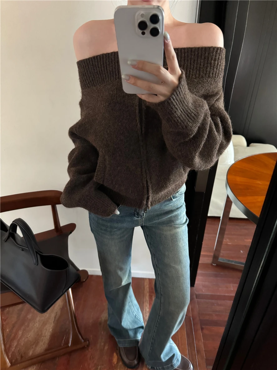 Lazy Fashion Zipper Slash Neck Grey Coffee Black Loose Sweater Jumper Women New Fall Winter Off Shoulder Pullover Casual Top