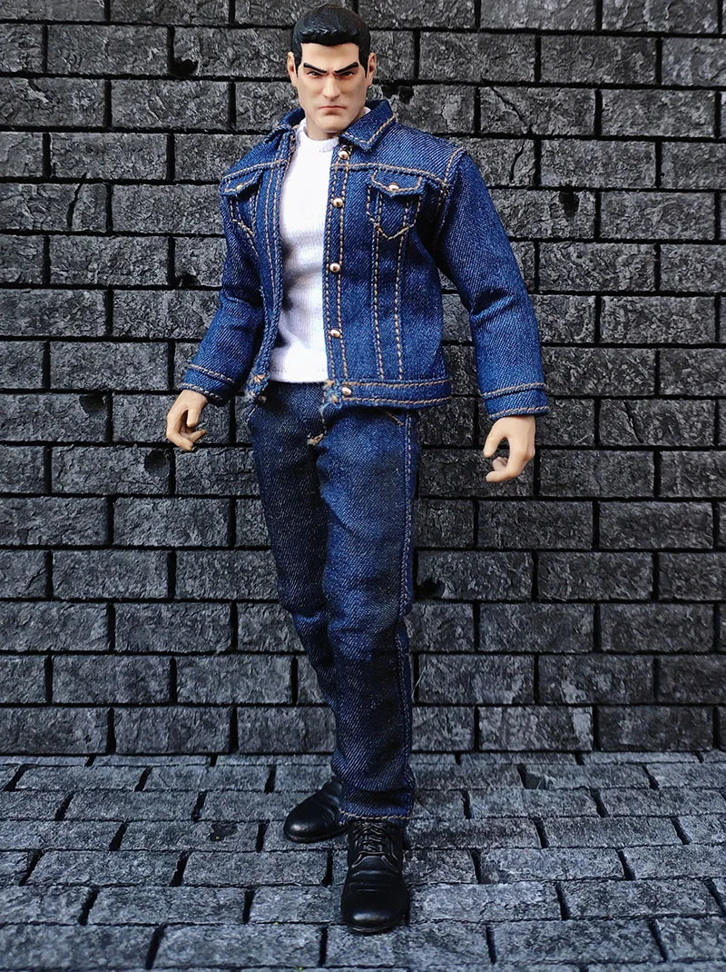 Three-piece 1/12 Scale Men's Figure Accessory Denim Jeans T-shirt Jacket Clothes Set for 6 inches Uncle Wolf Action Figure