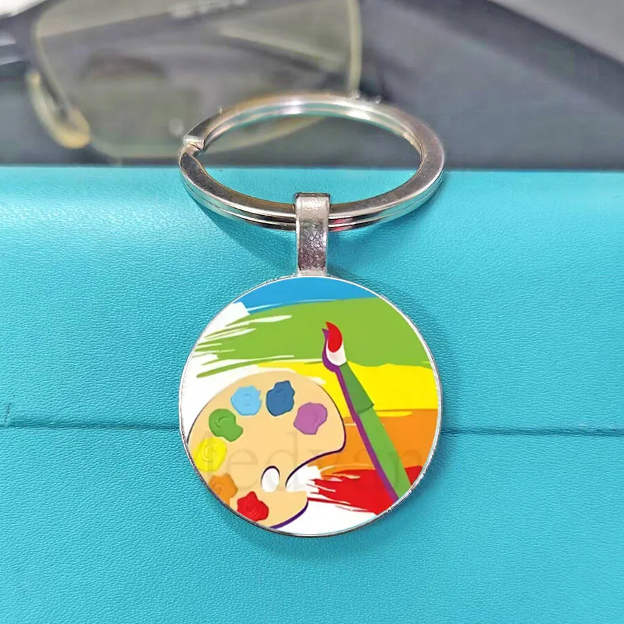 Fashion Painter Palette Keychain Glass Round Keychain Gift for Men, Women, and Children Learning to Paint