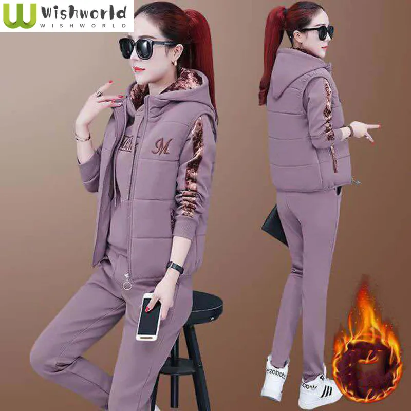 Winter neue Plüsch verdickte Baumwolle Tank Top Hoodie Jogging hose dreiteilige elegante Damen hose Set Outfits Trainings anzug