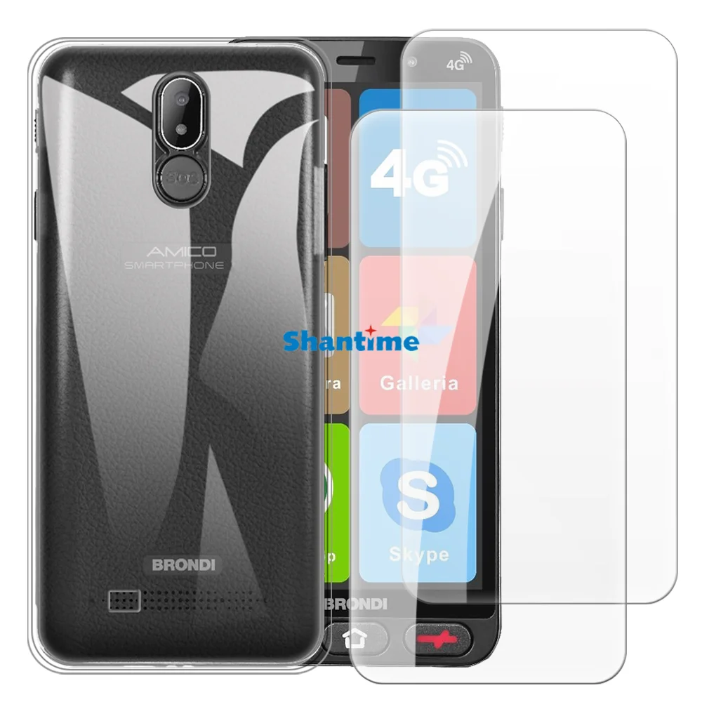 Soft Case + 2 Pack Tempered Glass Screen Protectors for Brondi Amico Smartphone S+B Nero Full-Body Protection