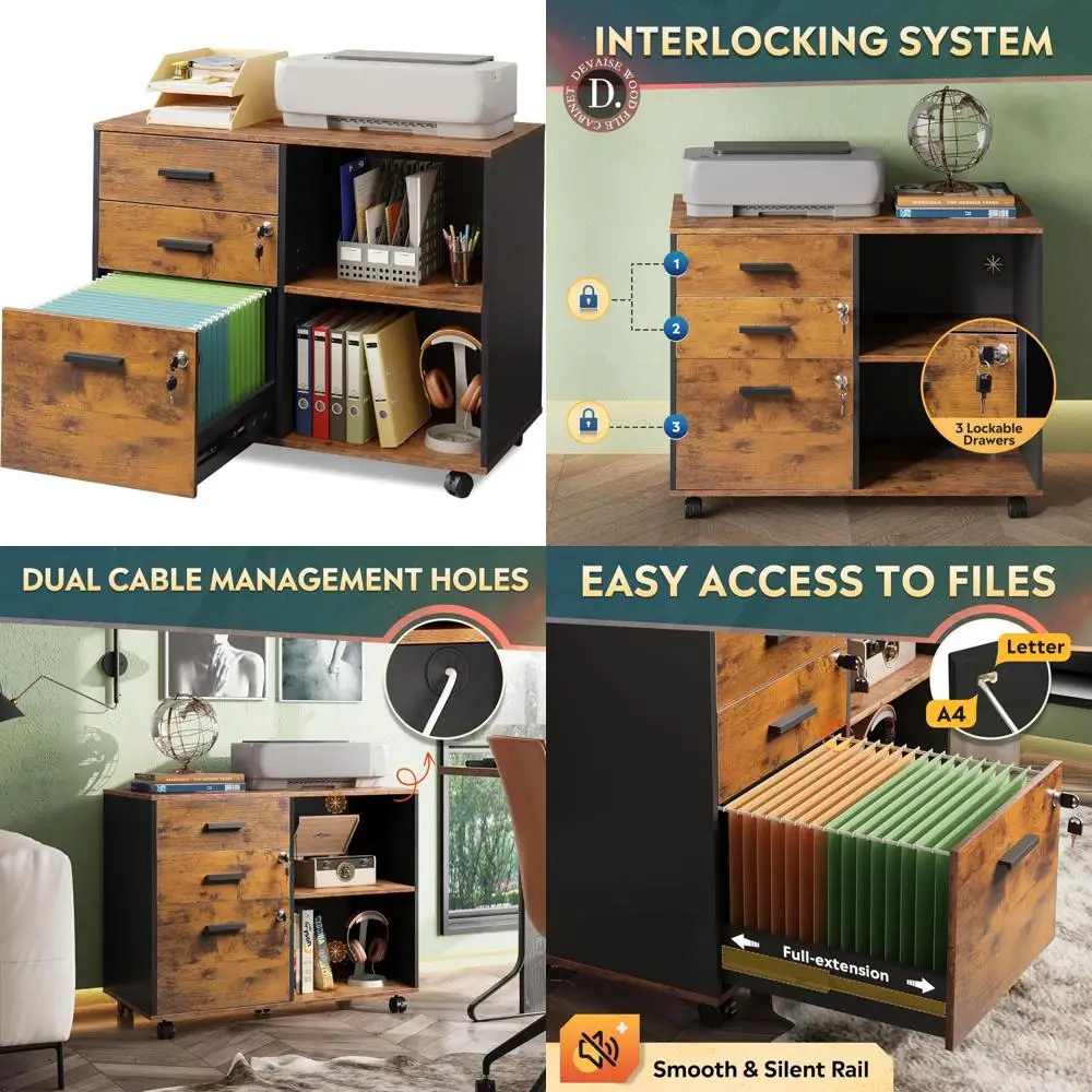 3-Drawer Wooden Lockable Lateral File Cabinet, Mobile Office Filing System with Open Storage Shelves for Home and Office Organiz