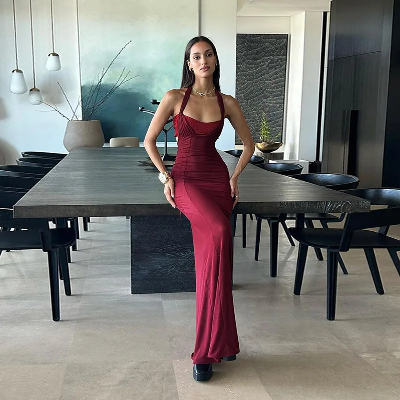 Burgundy Women\'s Prom Dress Halter Sleeveless Summer Long Maxi Party Gown Lace Up Back Daily Streetwear Skirt Robes In Stock