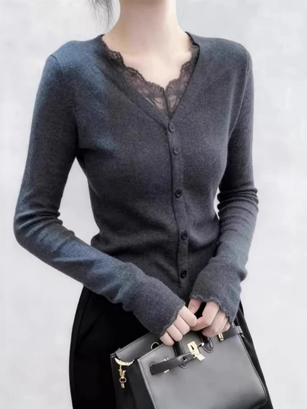 

Elegant Grey Base Layer Knitted Shirt 2026 New Design Sense Small Fashion Personality Lace Splicing V-neck Korean Style Commu...