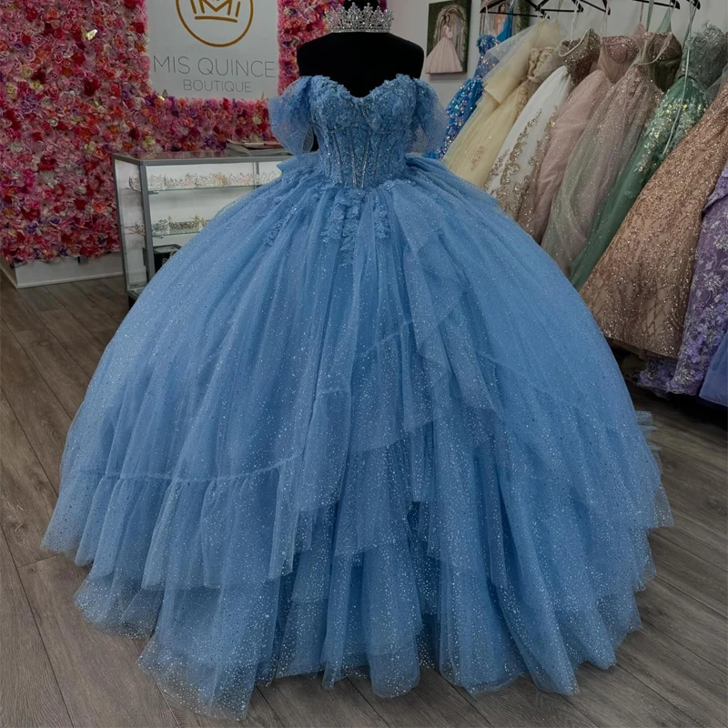 Sky Blue Shiny Ball Gown Quinceanera Dress 2024 Applique Lace Beads Tiered Tull Sweet 16 Years Formal Party Vestidos 15 De XV